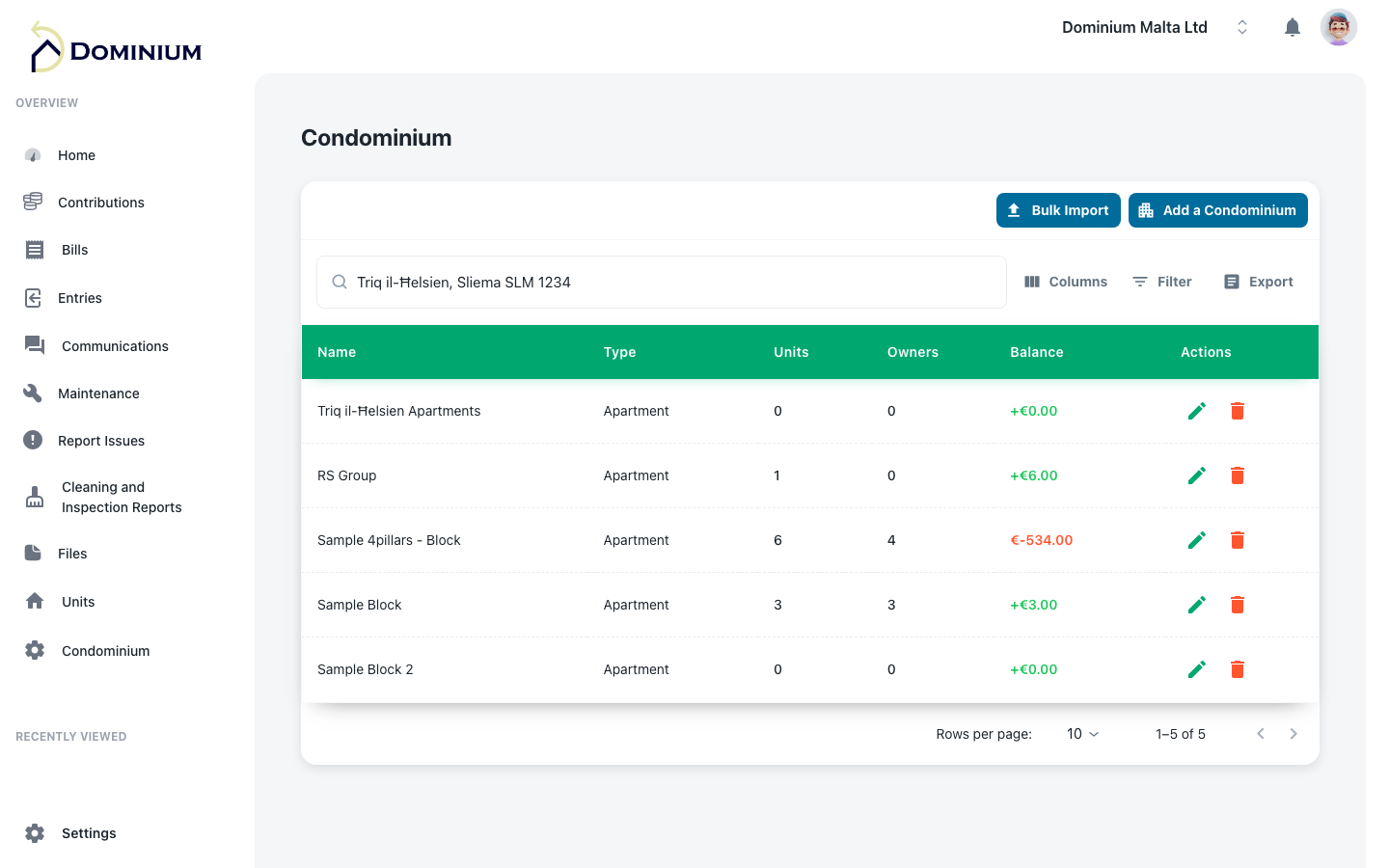 Dominium live bank balance screen — Malta client portal